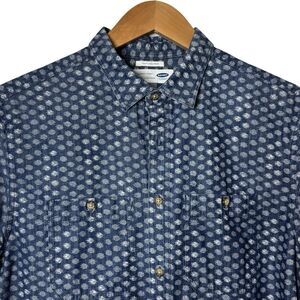 Old Navy Mens Large Slim Fit Blue White Button Up Denim Like Shirt Short Sleeve